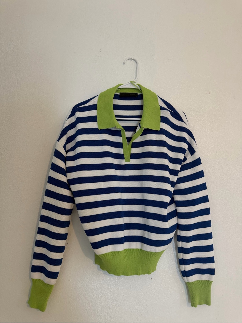 Zara Navy & White Striped Polo Sweater with Lime Green Trim